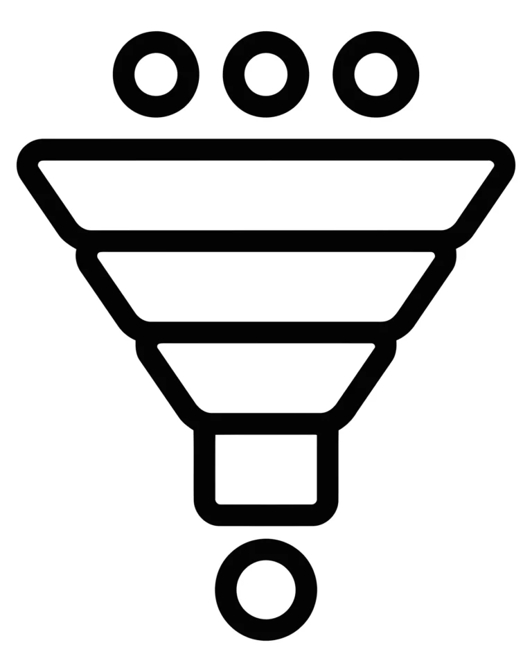 funnel icon with multiple input points narrowing down to a single output, representing data filtering, lead generation, conversion process,