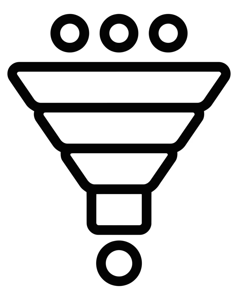 funnel icon with multiple input points narrowing down to a single output, representing data filtering, lead generation, conversion process,