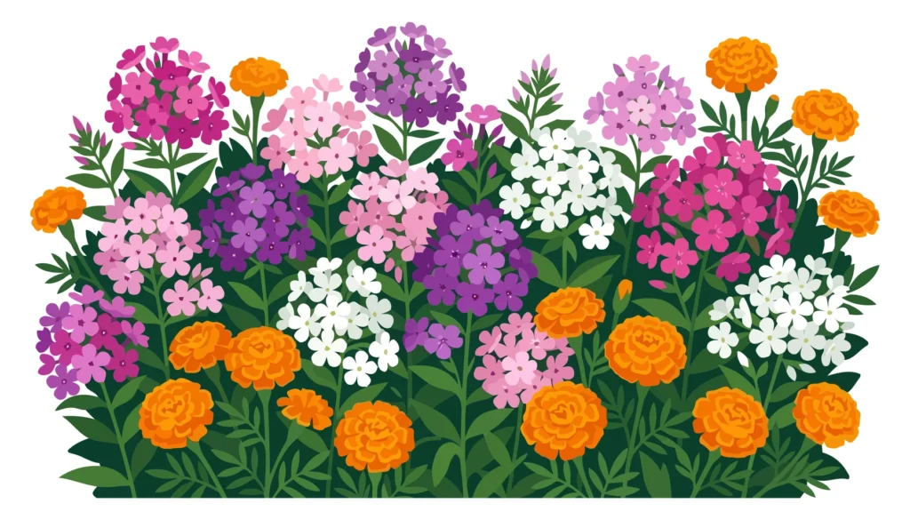 garden flower bed with marigolds and phlox