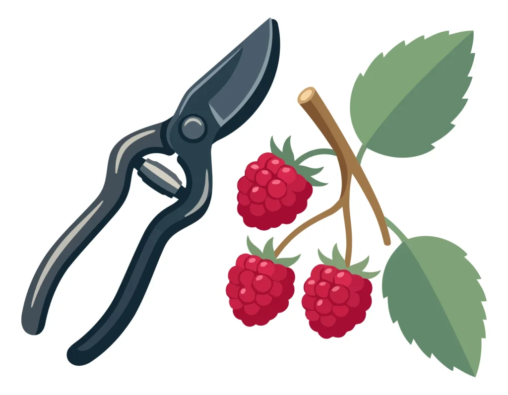 garden pruners and a branch with ripe red raspberries and green leaves, vector illustration for gardening and fruit harvesting concept