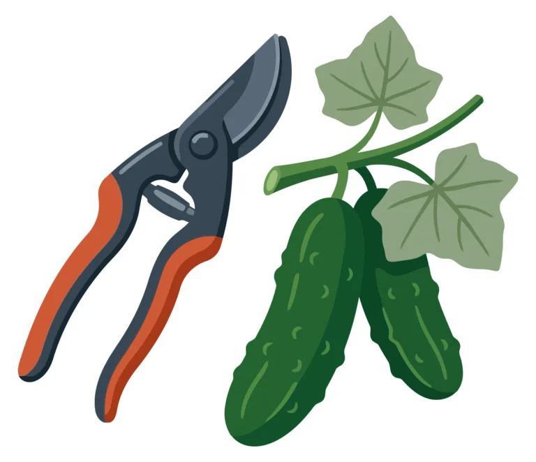 garden pruners and fresh cucumbers on the vine with green leaves, agricultural harvesting concept, vector illustration
