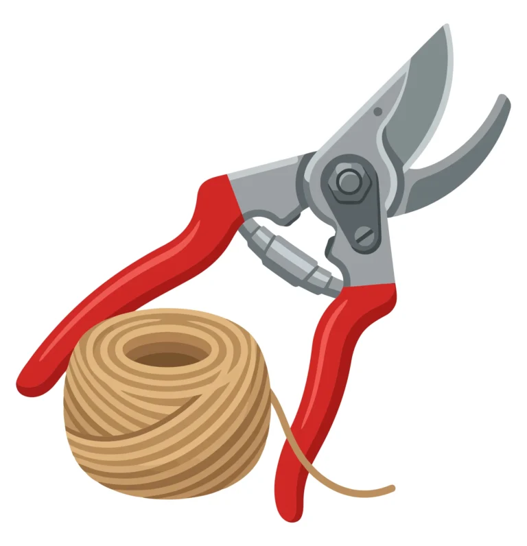 garden pruning shears and a ball of twine isolated on white background