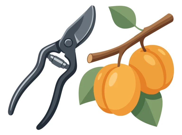 garden pruning shears and a branch with ripe orange apricots and green leaves isolated on white background