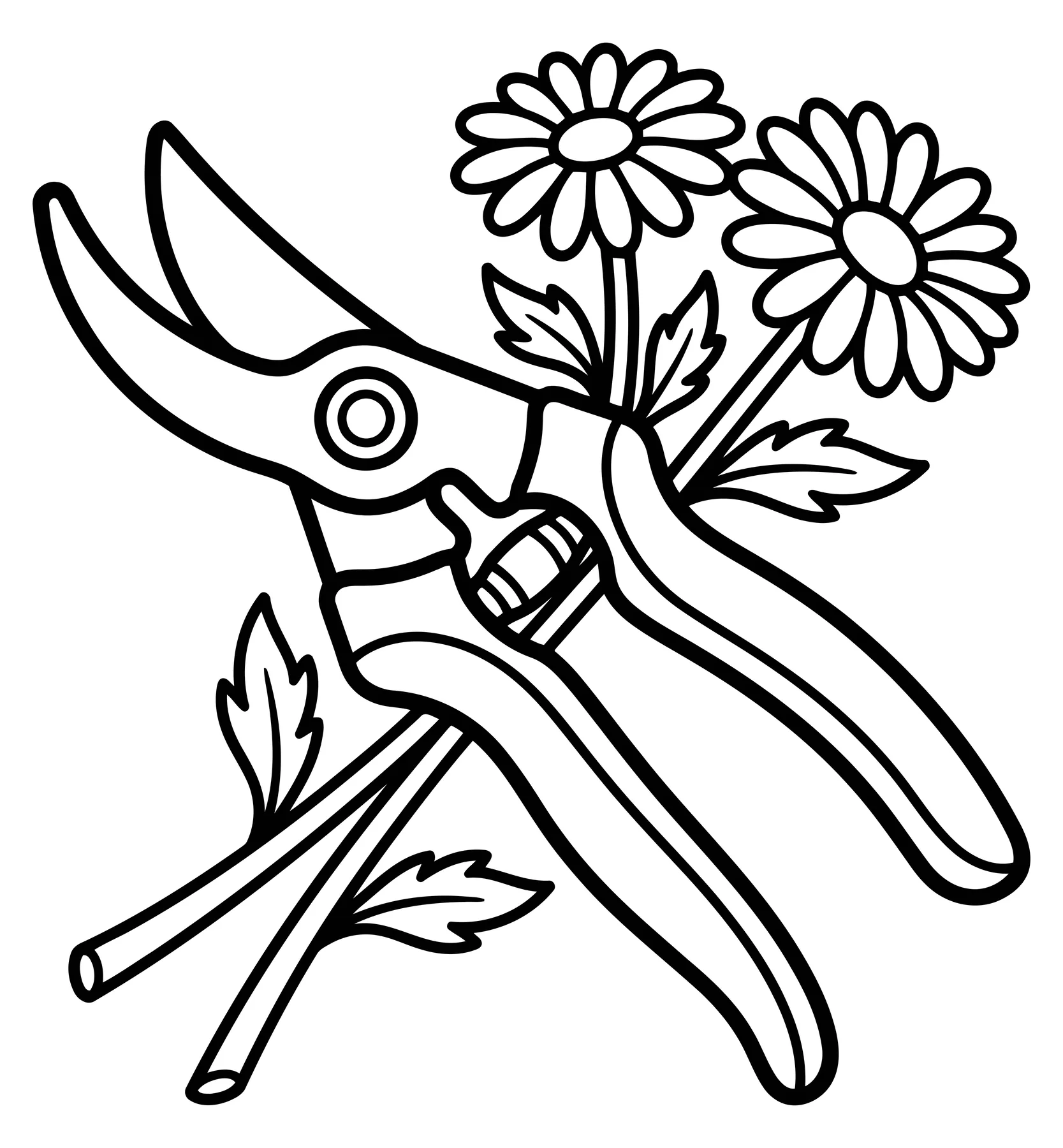 Black and white line art of garden shears with daisies