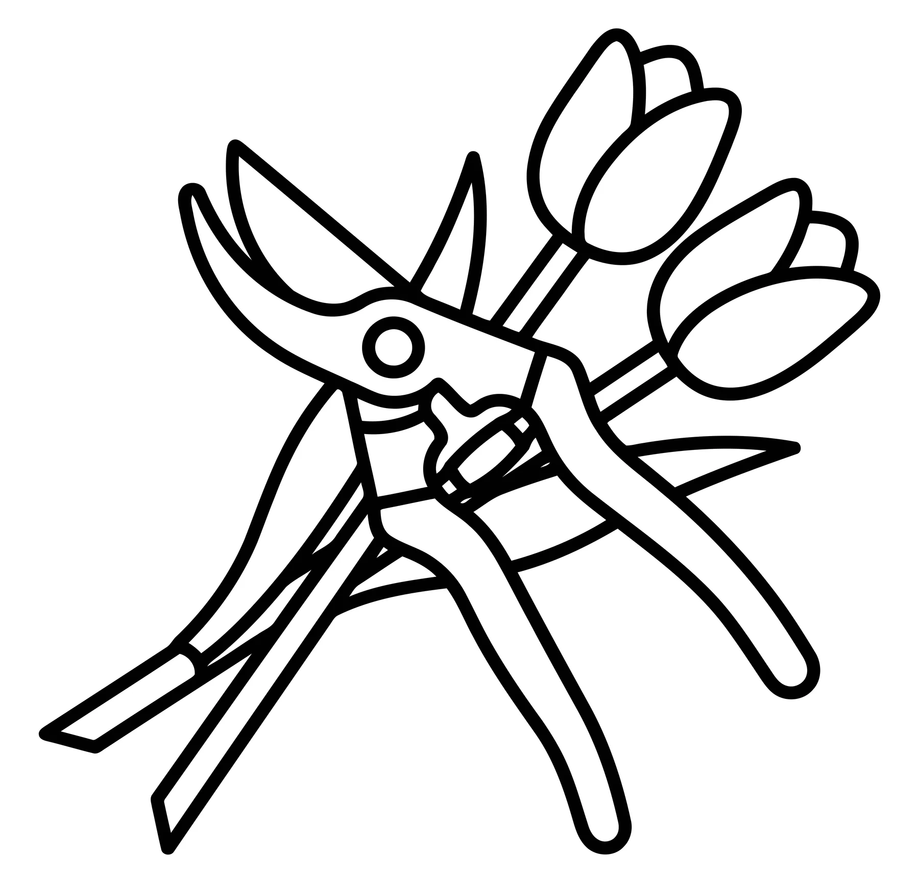 Garden Shears with Tulips Black and White Line Art