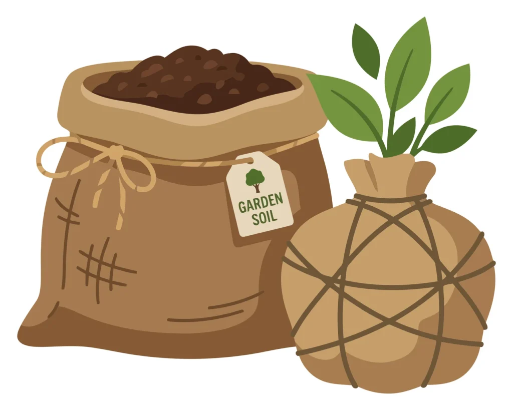 garden soil bag and a plant with roots wrapped in burlap for transplanting, gardening supplies for planting and landscaping, vector illustra