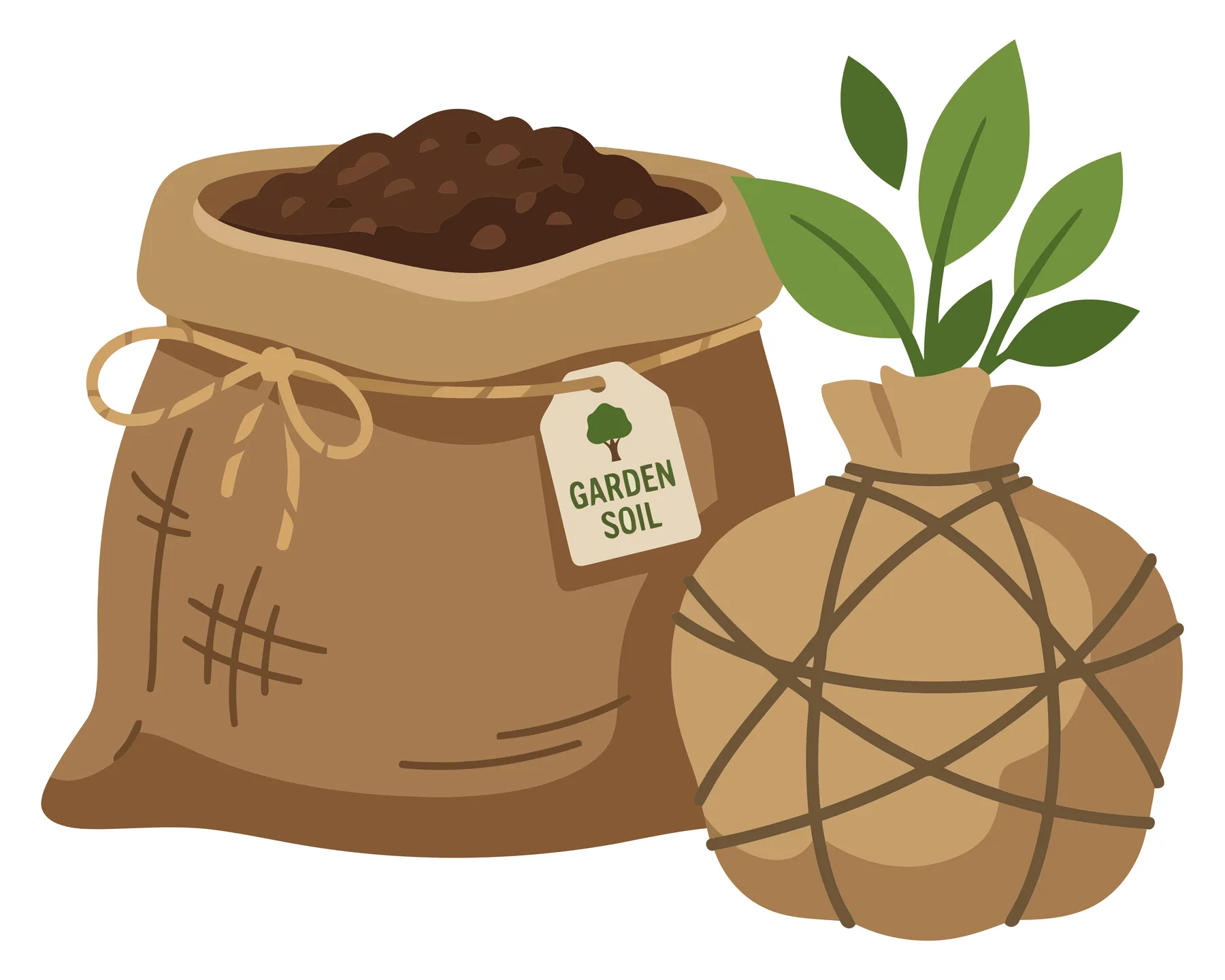 garden soil bag and a plant with roots wrapped in burlap for transplanting, gardening supplies for planting and landscaping, vector illustra