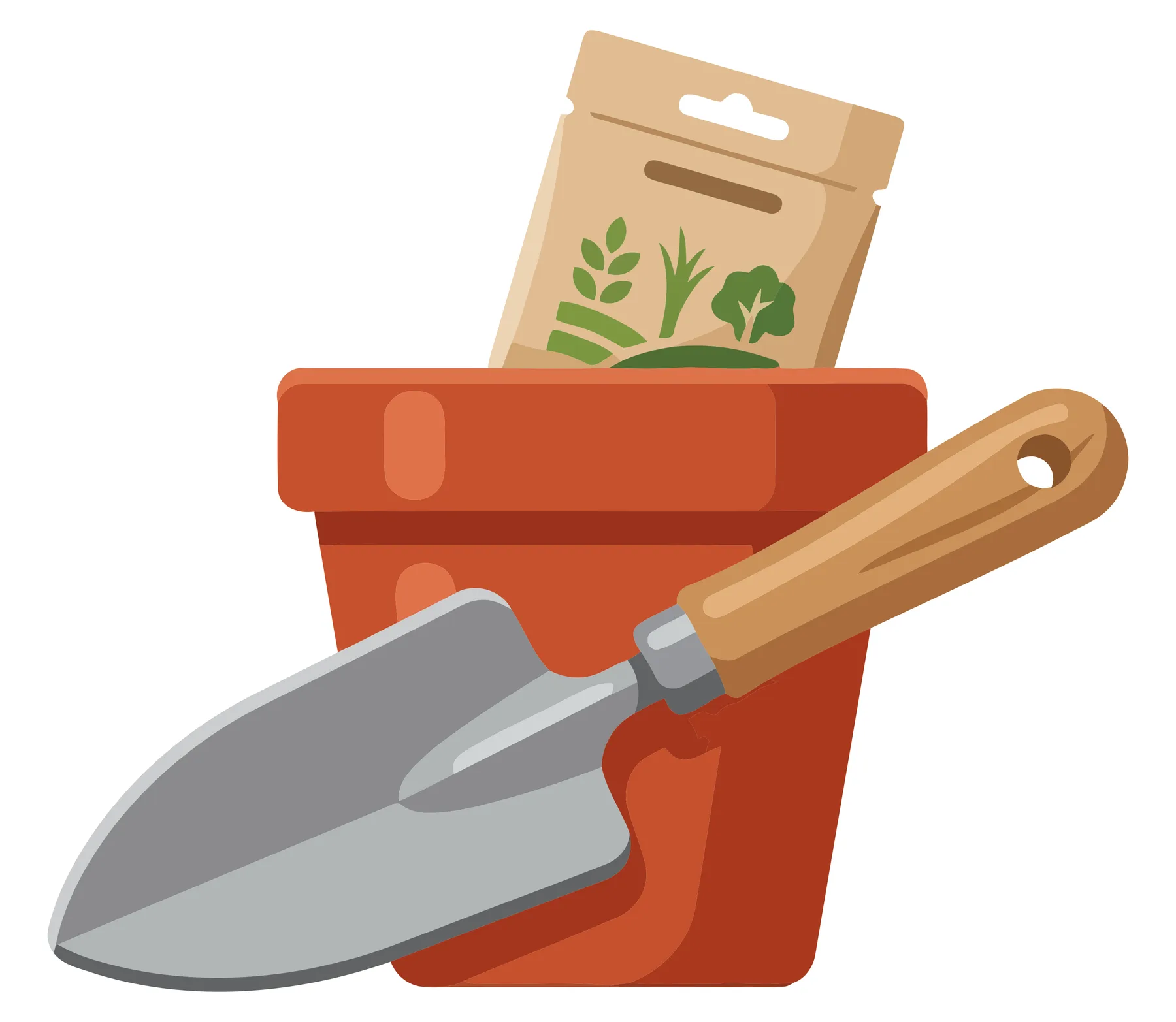 garden trowel, flower pot and seed packet isolated on white background
