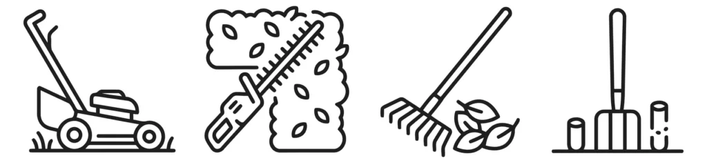 gardening equipment icons featuring lawn mower, hedge trimmer, rake, and garden fork