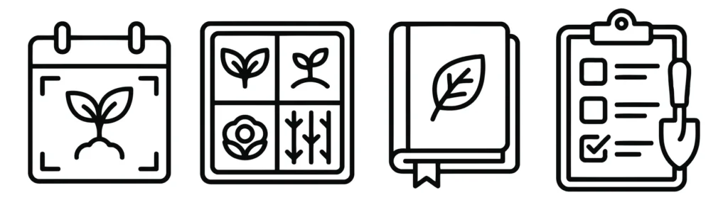 gardening planning and calendar icons set vector graphic