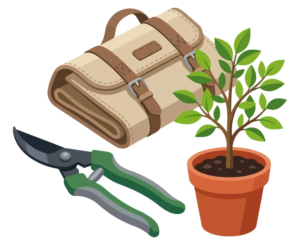 gardening tools set with a potted plant, pruning shears, and a canvas tool bag isolated on white background