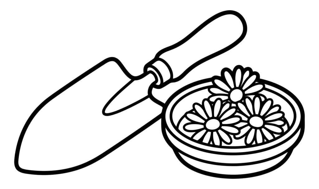 gardening trowel placed next to a small bowl filled with daisy flowers, vector illustration