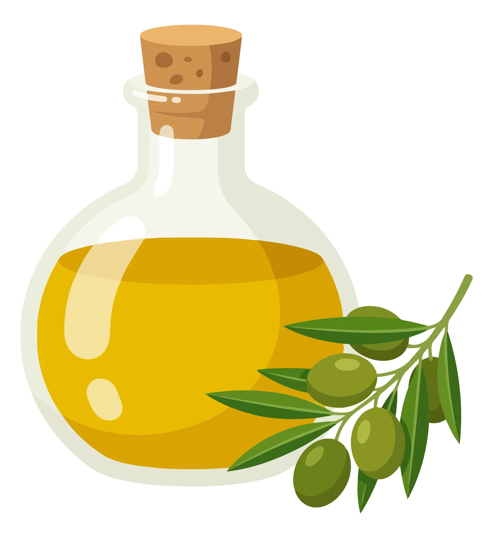 Glass Bottle of Olive Oil with Fresh Green Olives