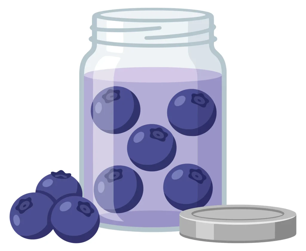 glass jar filled with blueberry jam or preserved blueberries with fresh berries and a metal lid isolated on white background