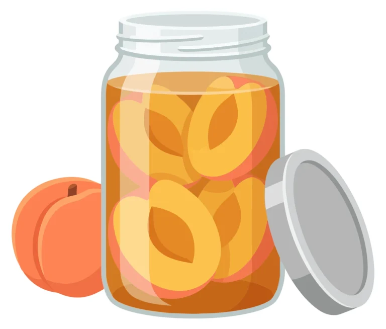 glass jar filled with canned peach halves in syrup next to a fresh whole peach