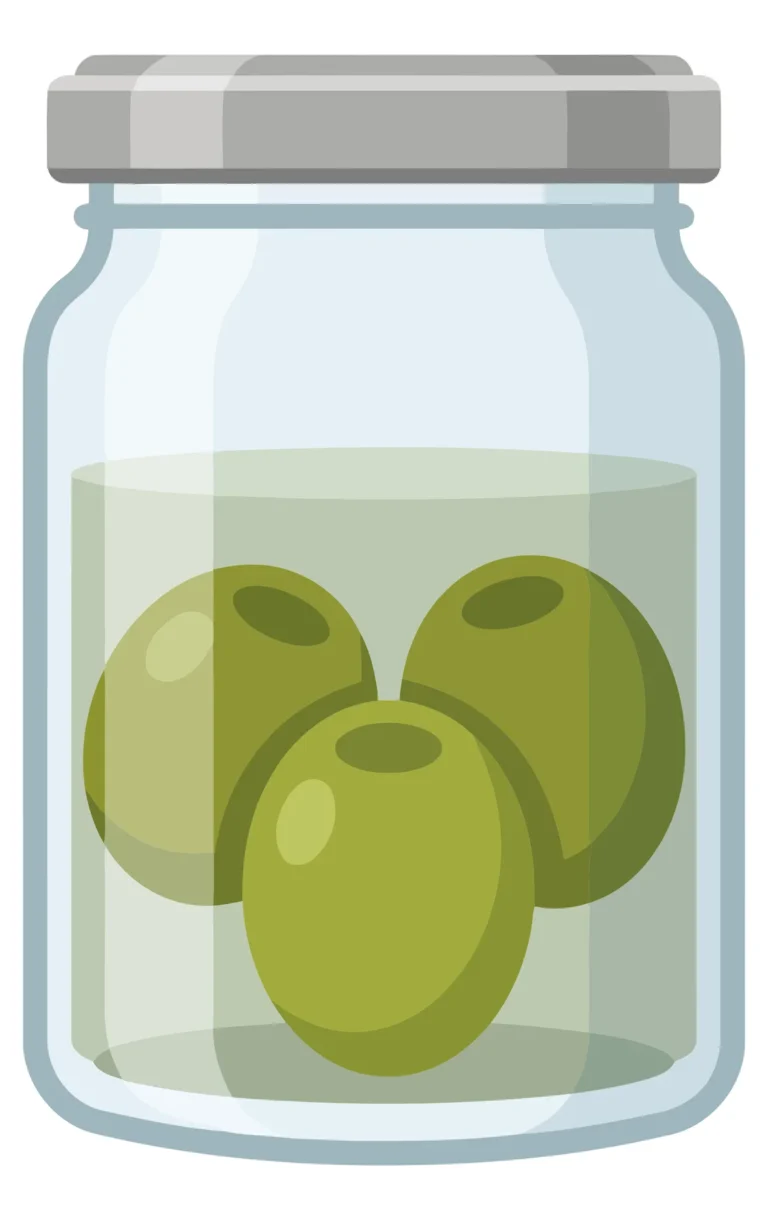 glass jar filled with green olives in brine, a classic pantry staple for appetizers and cocktails, illustrated in a clean, flat vector style