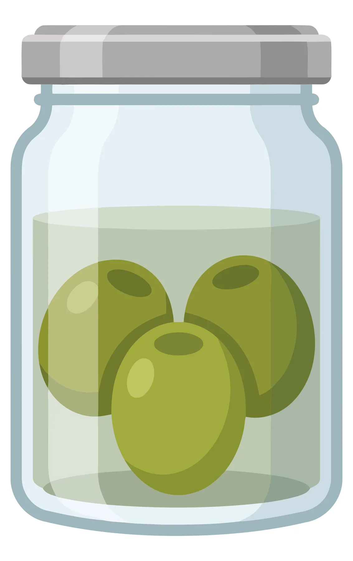 glass jar filled with green olives in brine, a classic pantry staple for appetizers and cocktails, illustrated in a clean, flat vector style