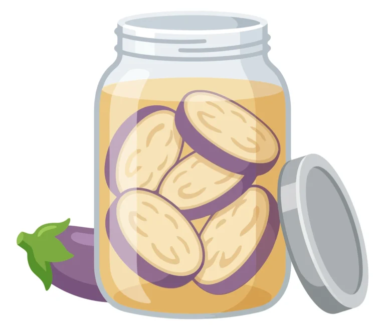glass jar filled with marinated eggplant slices with a whole fresh eggplant and a metal lid isolated on white background
