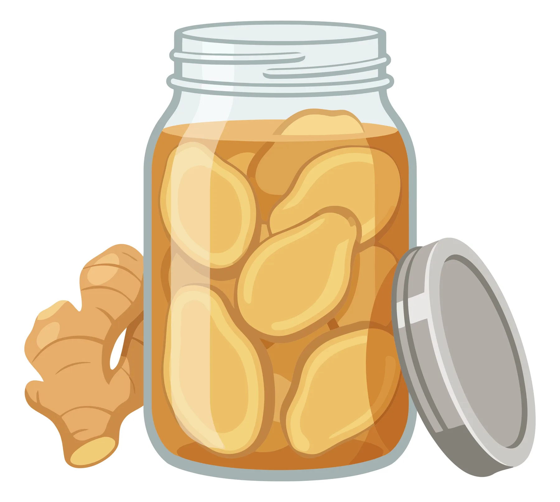 glass jar filled with pickled ginger root slices and fresh ginger root isolated on white background