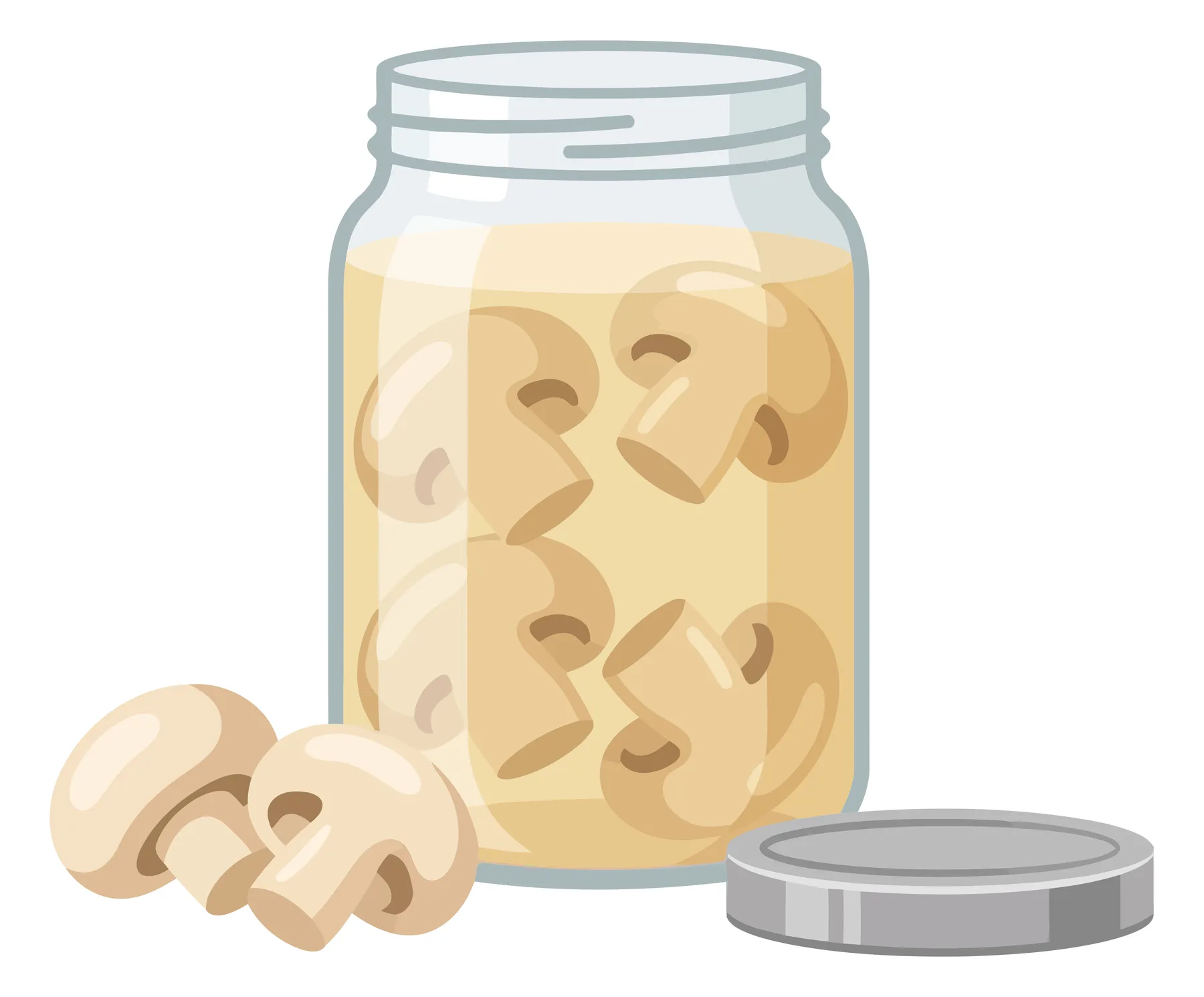 glass jar filled with pickled mushrooms and fresh raw mushrooms on the side
