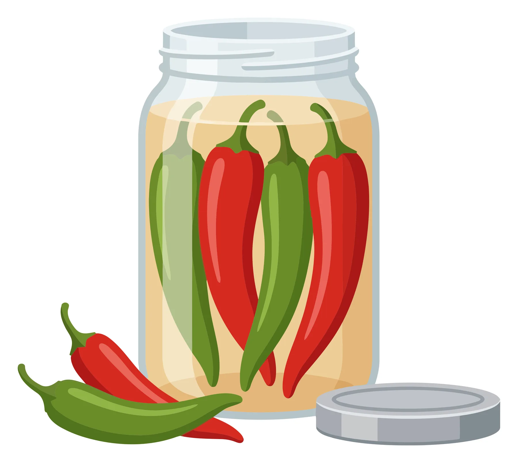 glass jar filled with pickled red and green chili peppers, accompanied by fresh chili peppers and a metal lid, vector illustration