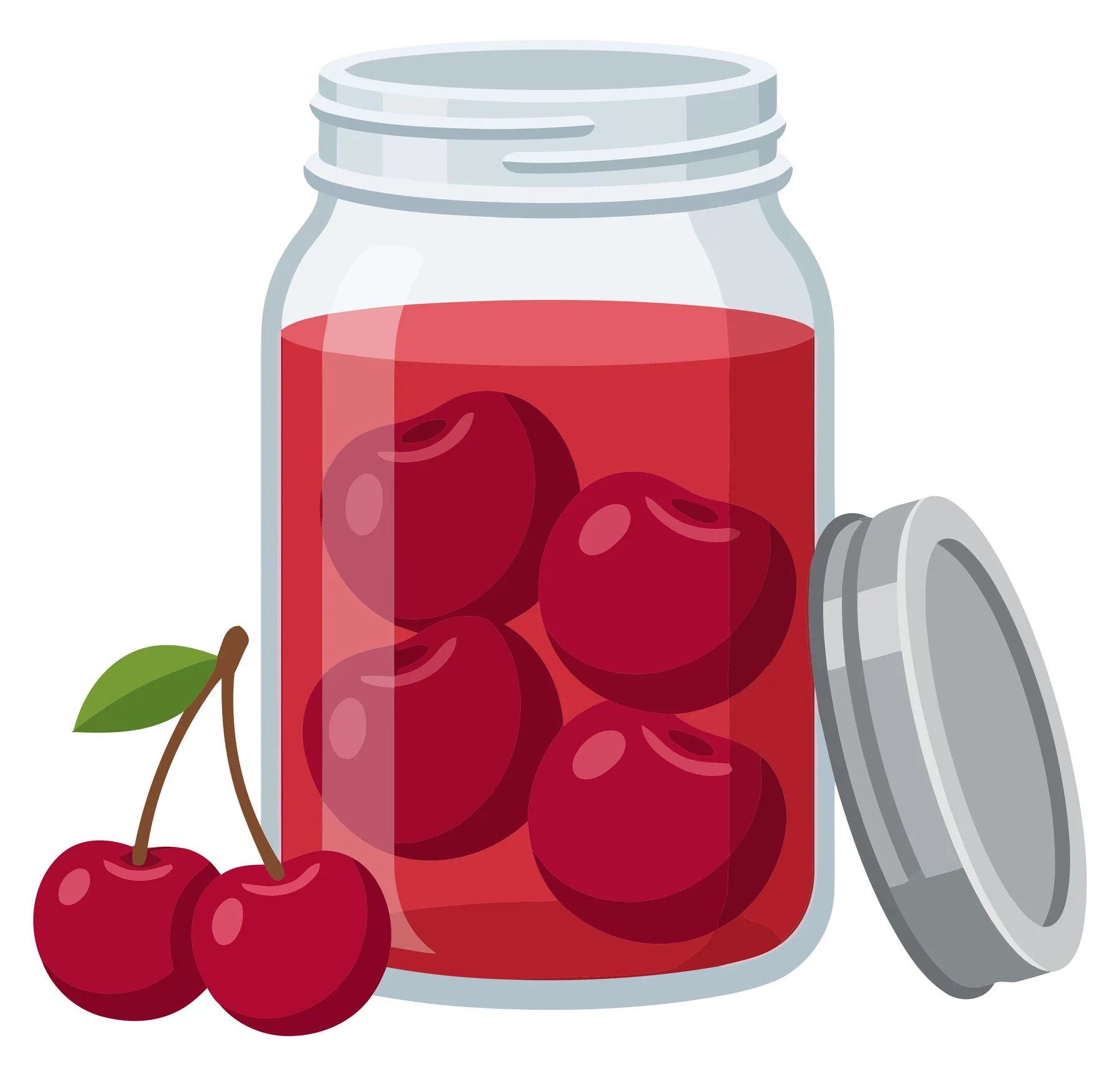 glass jar filled with preserved cherries in syrup and fresh cherries on the side