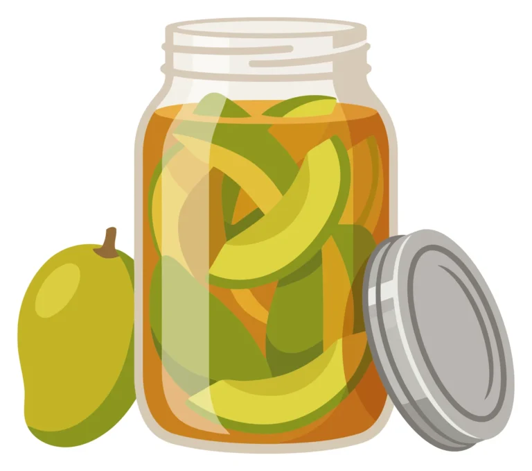 glass jar filled with sliced green mango pickle and fresh whole mango isolated on white background