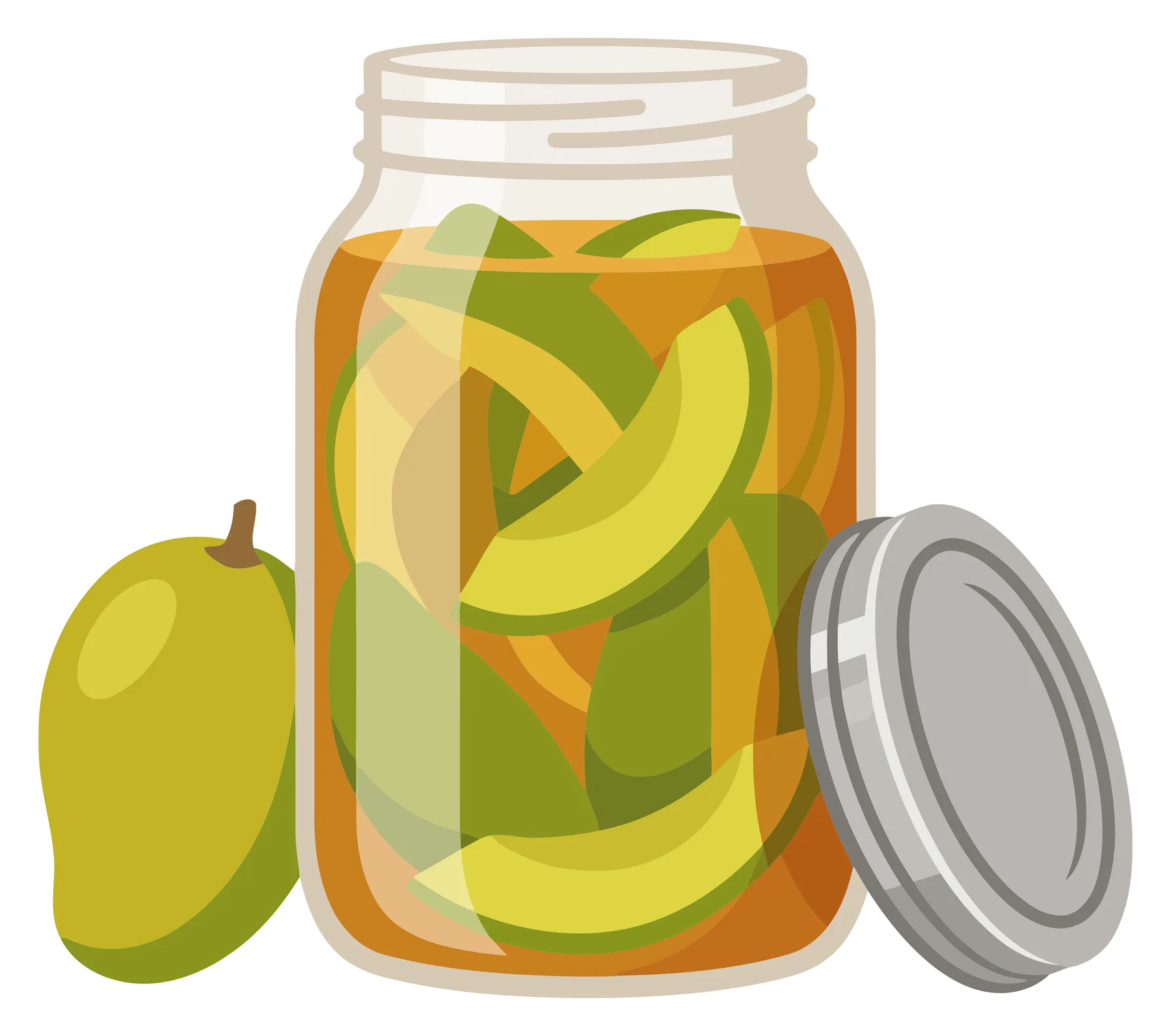glass jar filled with sliced green mango pickle and fresh whole mango isolated on white background