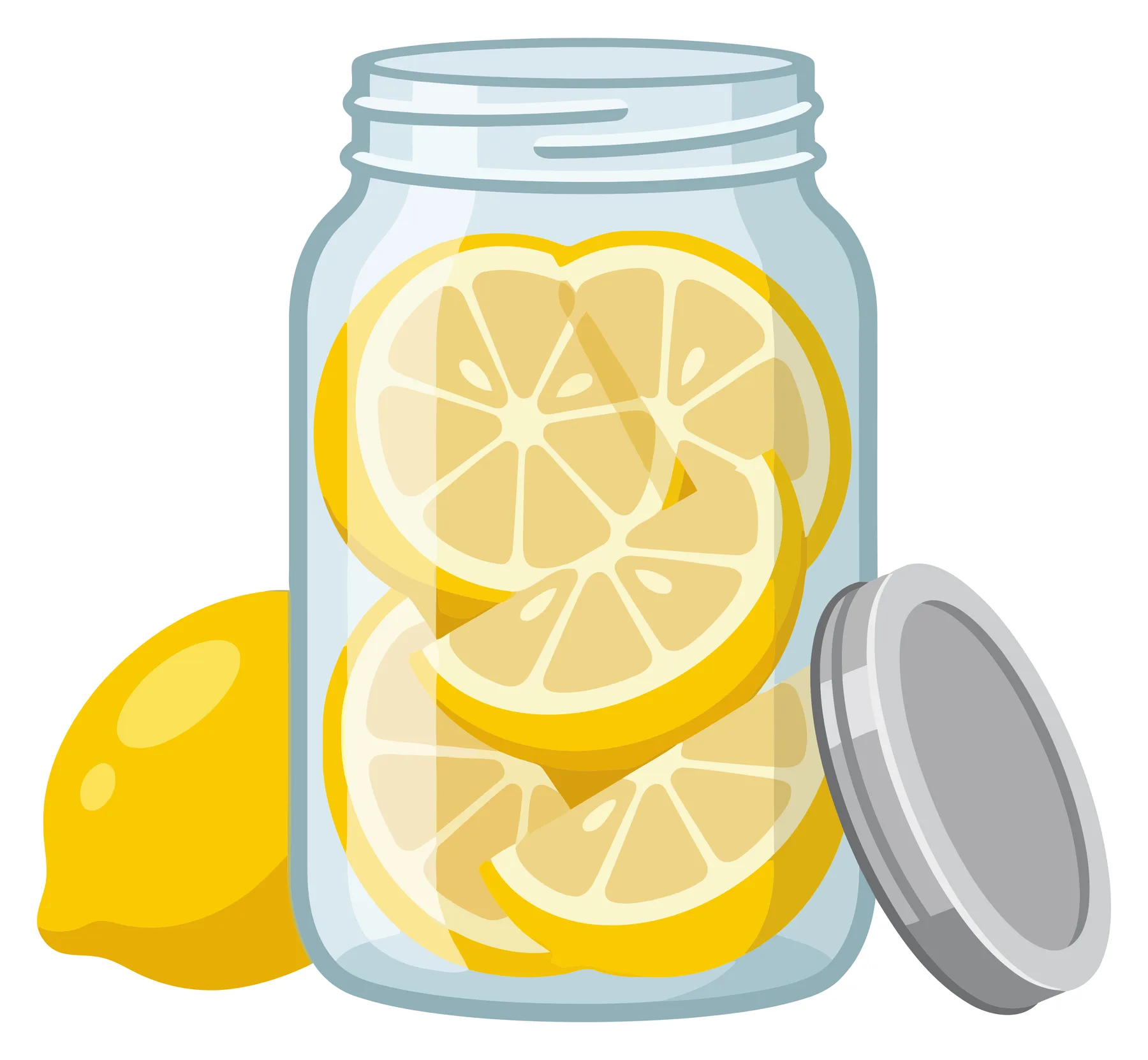 glass jar filled with sliced lemons and a whole lemon next to it with open lid