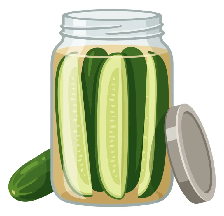 glass jar filled with sliced pickles or marinated cucumbers with a fresh cucumber and a metal lid isolated on white background