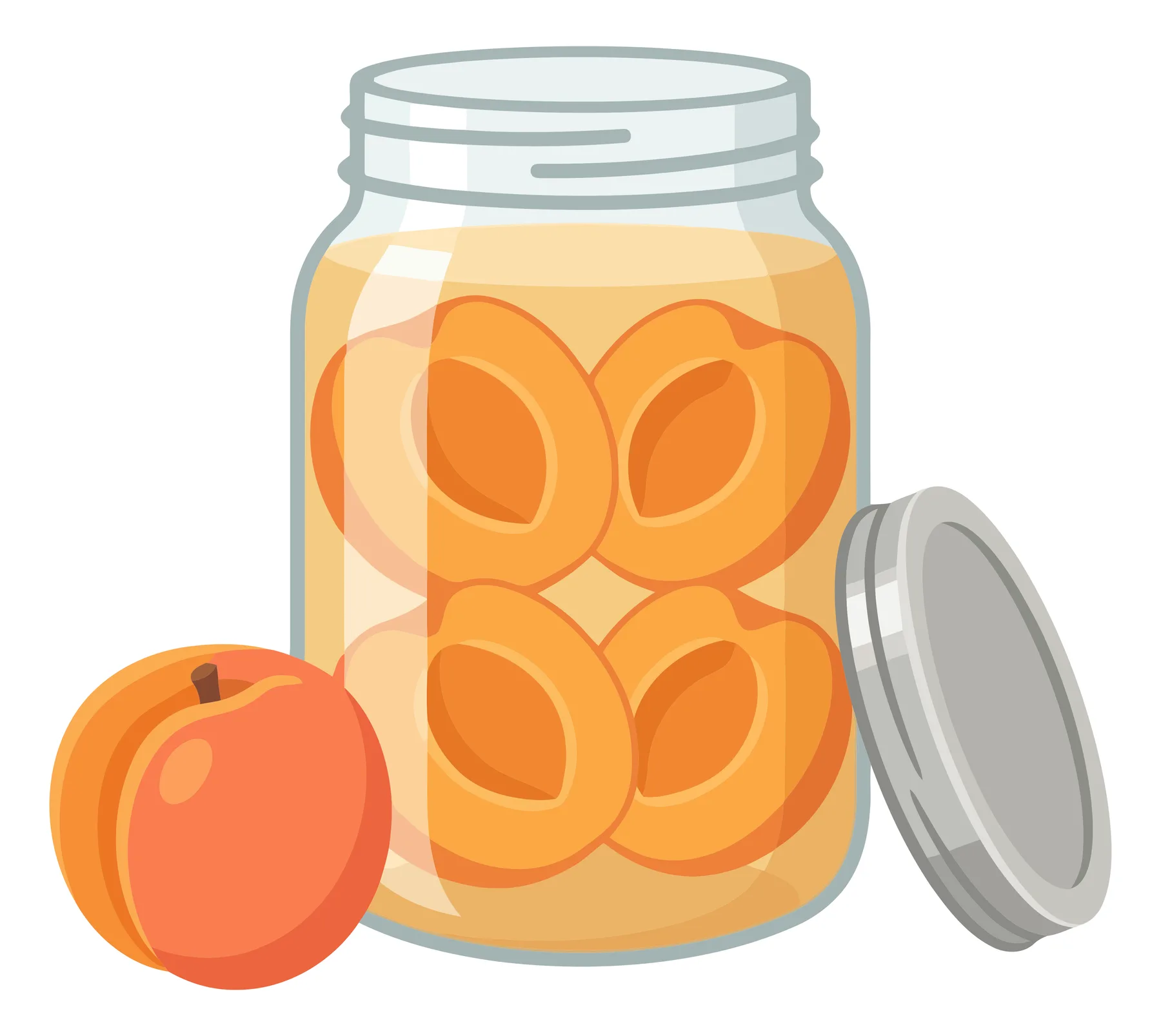 glass jar of canned peach halves in syrup with a fresh whole peach, preserved fruit, homemade food product, vector illustration isolated on