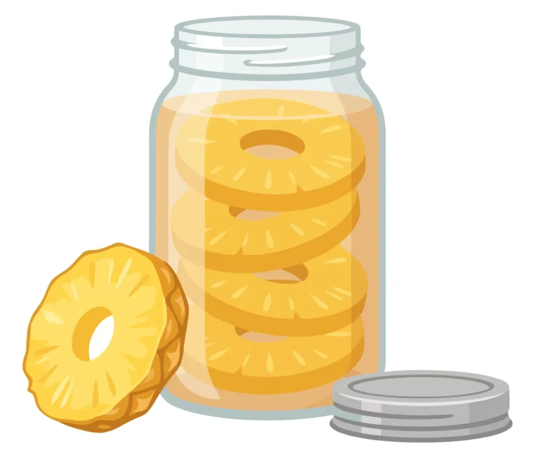 glass jar of canned pineapple rings in syrup with fresh pineapple slice on white background