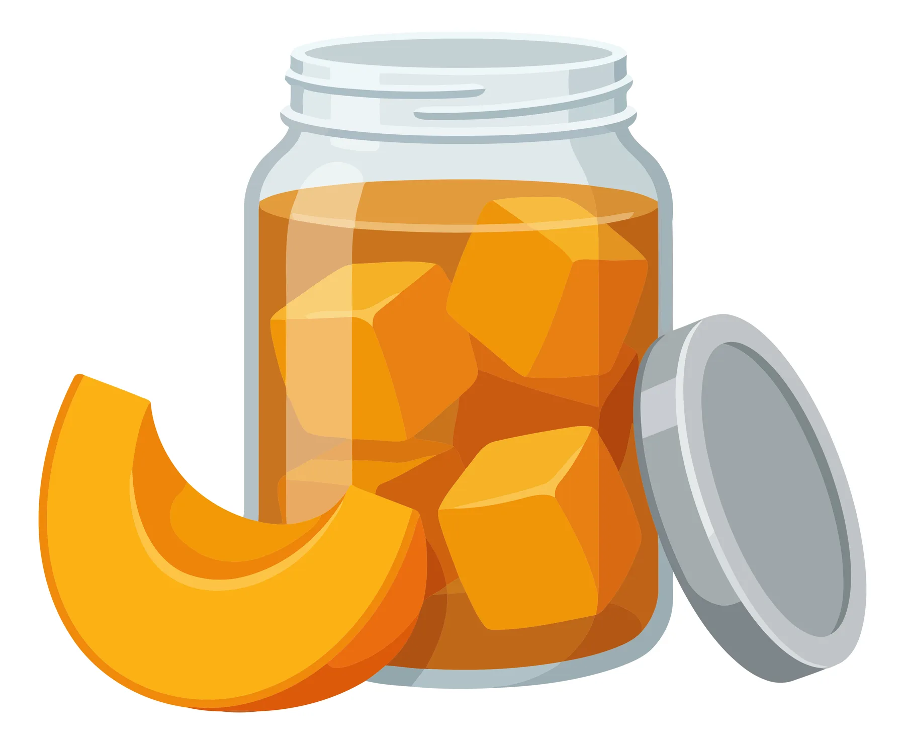glass jar of canned pumpkin cubes in syrup with melon slices on white background