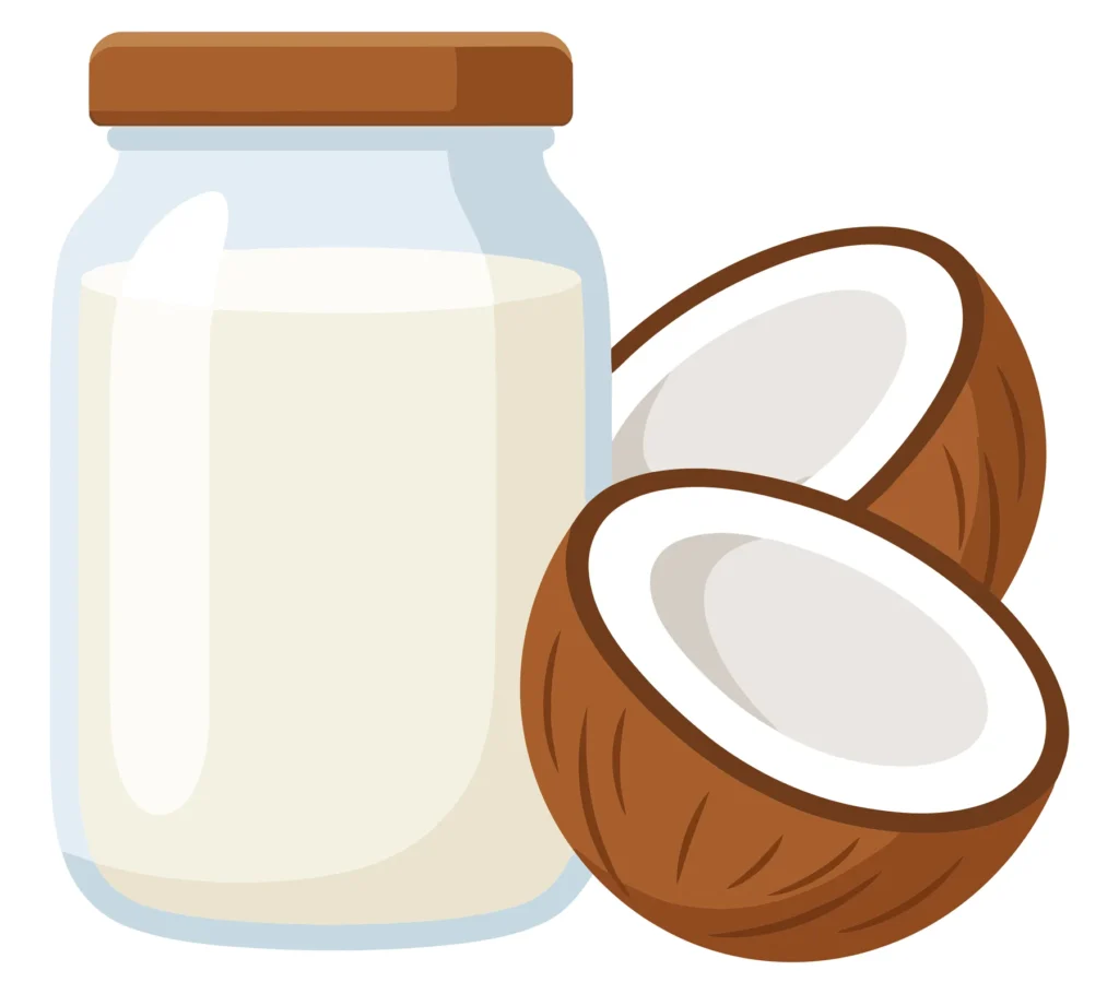 glass jar of coconut milk with a brown lid and two half coconuts isolated on white background