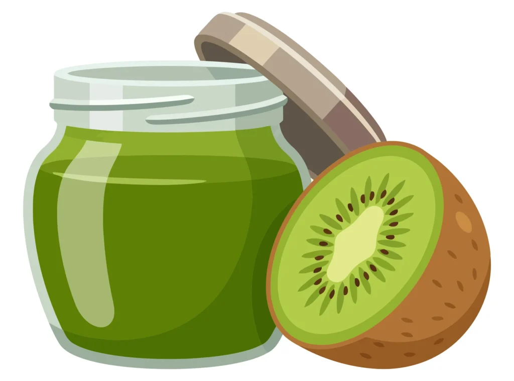 glass jar of green kiwi jam or marmalade with half fruit isolated on white background