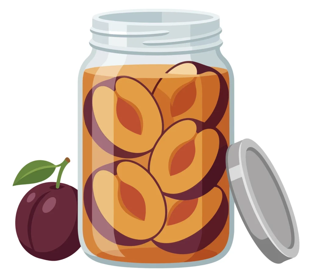 glass jar of homemade plum compote or jam with halved plums and fresh fruit isolated on white background