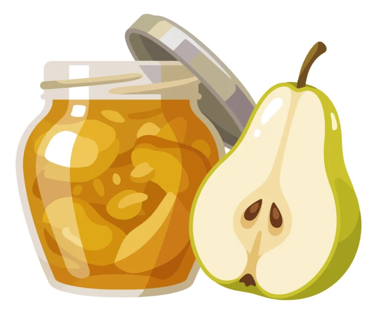 glass jar of pear jam or preserves with a fresh sliced pear half, sweet fruit conserve, homemade food product, vector illustration isolated