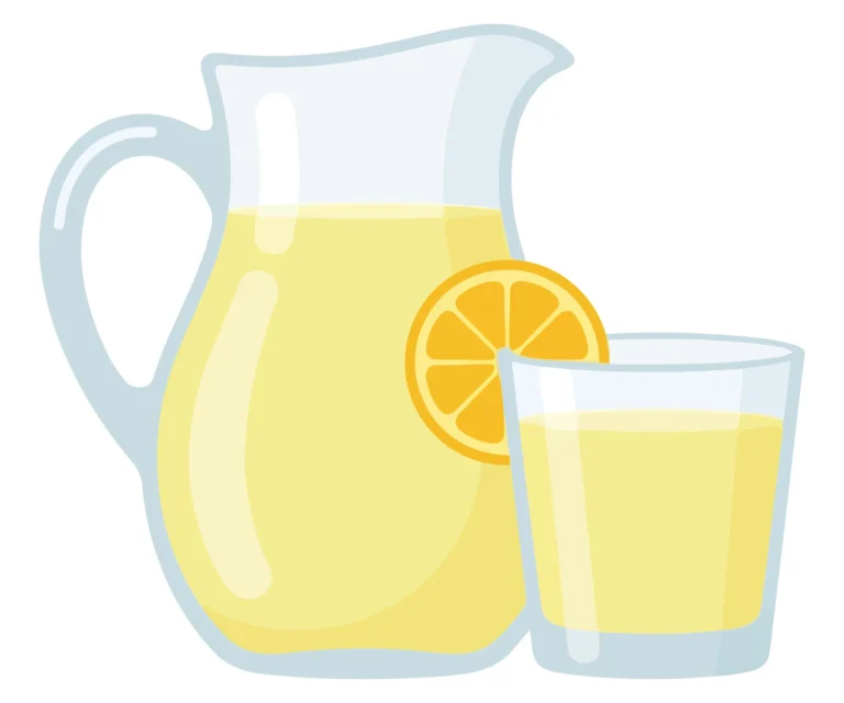glass pitcher and glass of lemonade with lemon slice isolated on white background