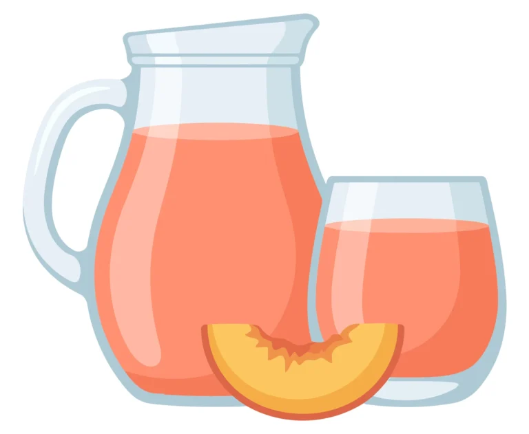 glass pitcher and glass of peach juice with peach slice isolated on white background