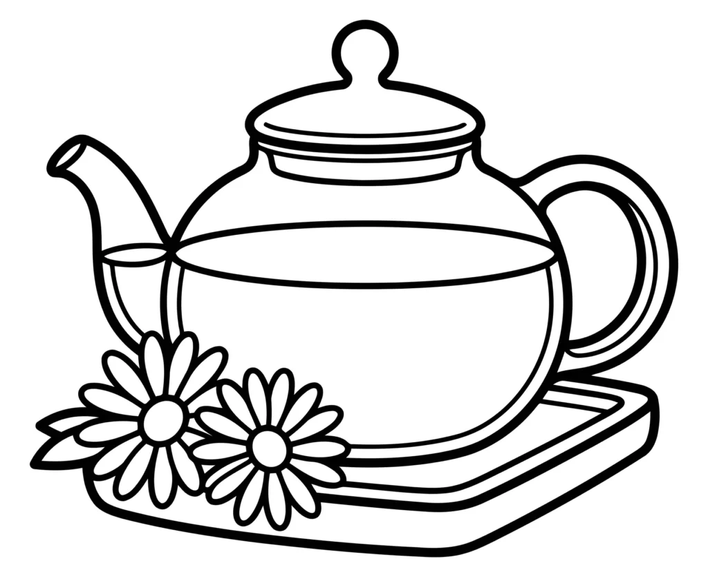 glass teapot with chamomile flowers on a tray