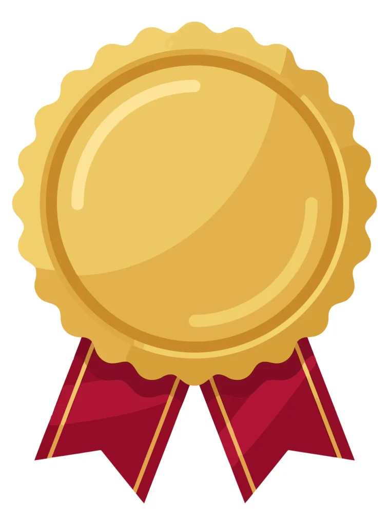 gold medal with red ribbon