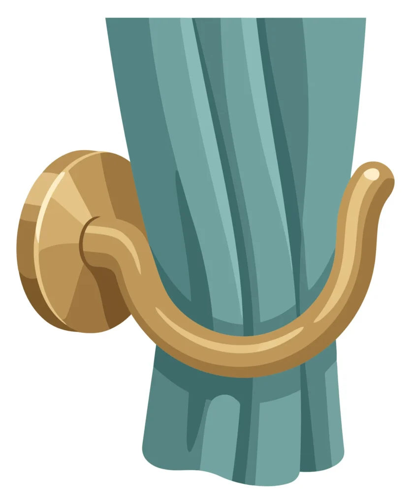 golden curtain holdback bracket with blue drapery illustration vector