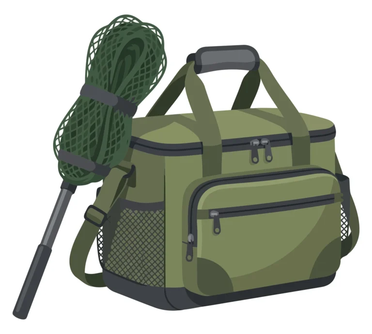 Green Fishing Tackle Bag and Landing Net on White