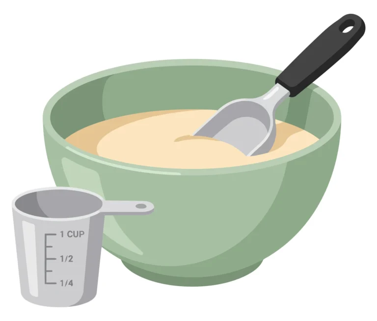 green mixing bowl filled with batter, a measuring scoop inside, and a measuring cup beside it