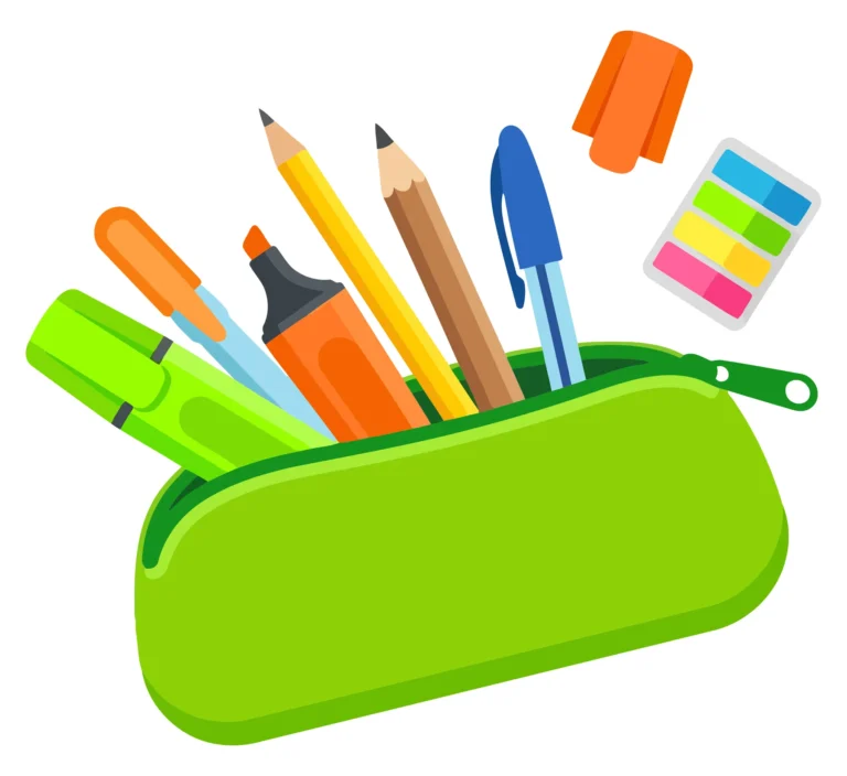 Green Pencil Case with School Stationery Supplies