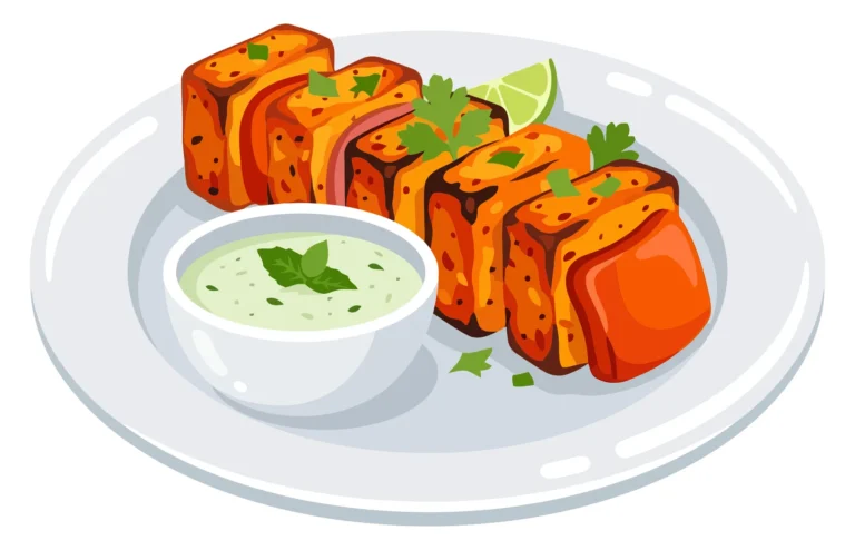 grilled paneer tikka skewer on a white plate with green chutney and lime
