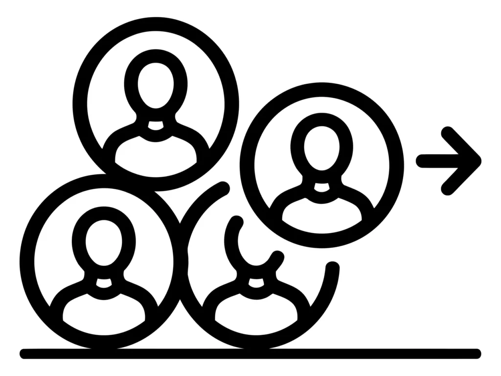 group of people icon with arrow indicating movement or transition
