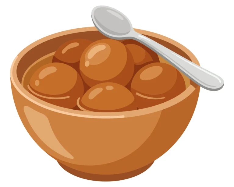 gulab jamun in a bowl with a spoon, a traditional indian sweet dessert made of fried dough balls soaked in sugar syrup, isolated on white ba