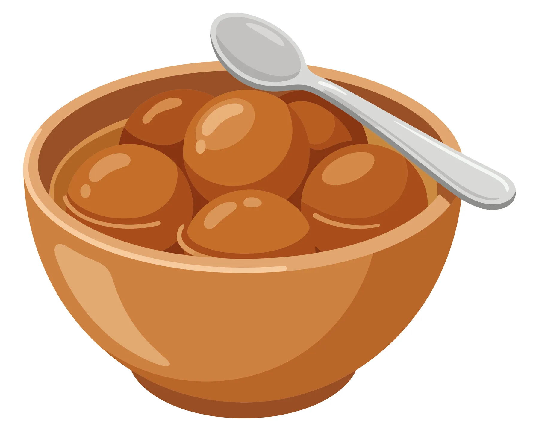 gulab jamun in a bowl with a spoon, a traditional indian sweet dessert made of fried dough balls soaked in sugar syrup, isolated on white ba