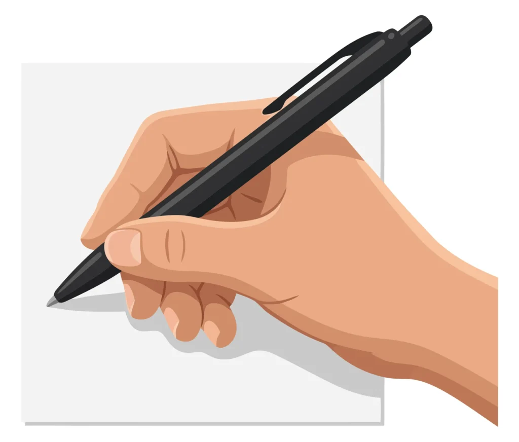 hand holding a black ballpoint pen writing on a white sheet of paper